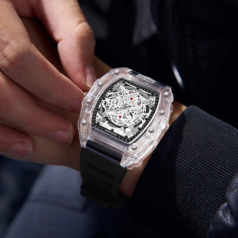 Montre Décontractée Tendance pour Homme Montre à Quartz pour Homme avec Cadran Lumineux, Fonction Calendrier, Bracelet en Silicone, Boîtier Transparent en Forme de Tonneau Reloj