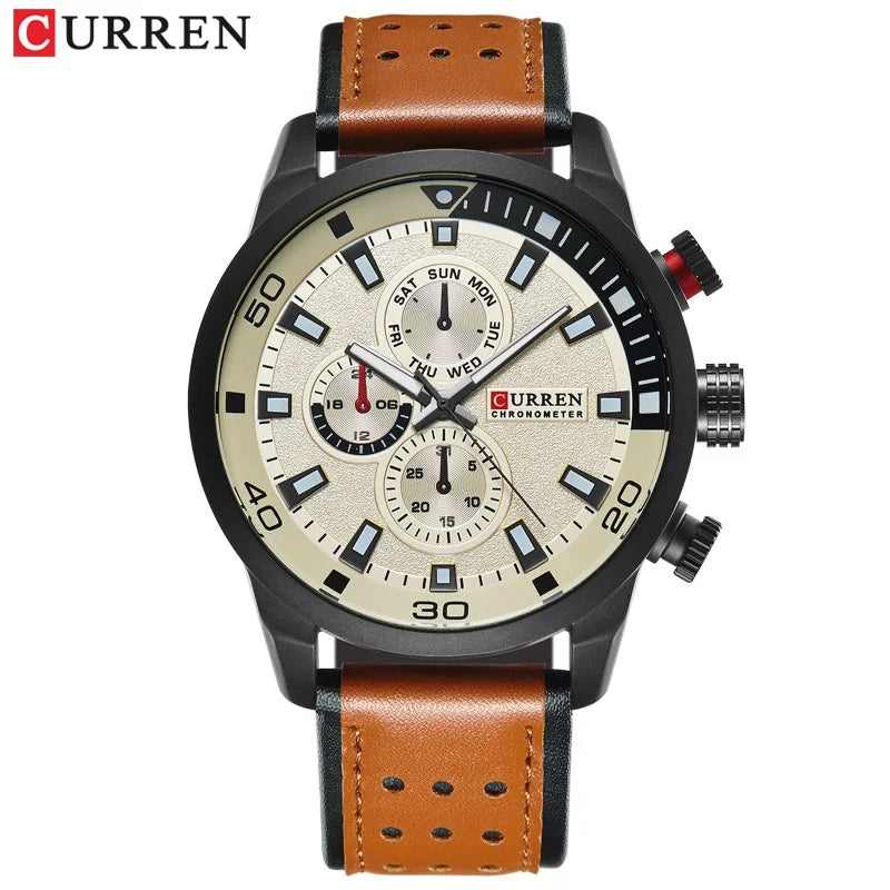 CURREN 8250 Montre Homme Étanche Décontractée à Trois Aiguilles Bracelet en Cuir Respirant