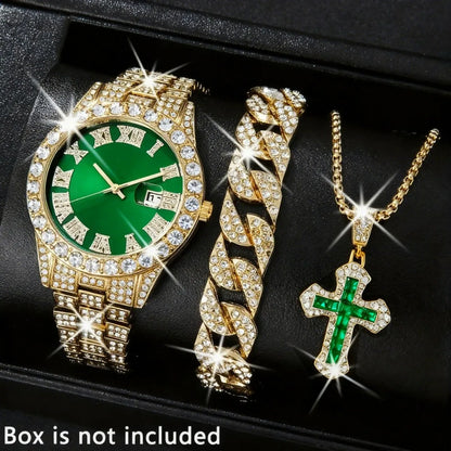 3 montres de luxe pour homme, bracelet, collier, ensemble, mode Hip Pop, montres à quartz avec calendrier pour homme, Reloj Mujer (sans boîte)