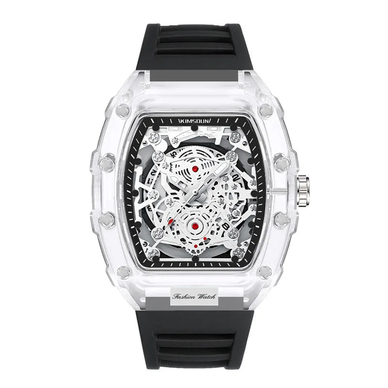Montre Décontractée Tendance pour Homme Montre à Quartz pour Homme avec Cadran Lumineux, Fonction Calendrier, Bracelet en Silicone, Boîtier Transparent en Forme de Tonneau Reloj