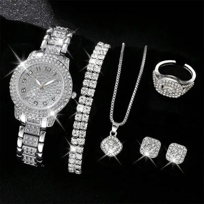 6 montres pour femme de luxe élégantes en alliage avec cristaux, bracelet en strass, montre à quartz, cadeau pour femme