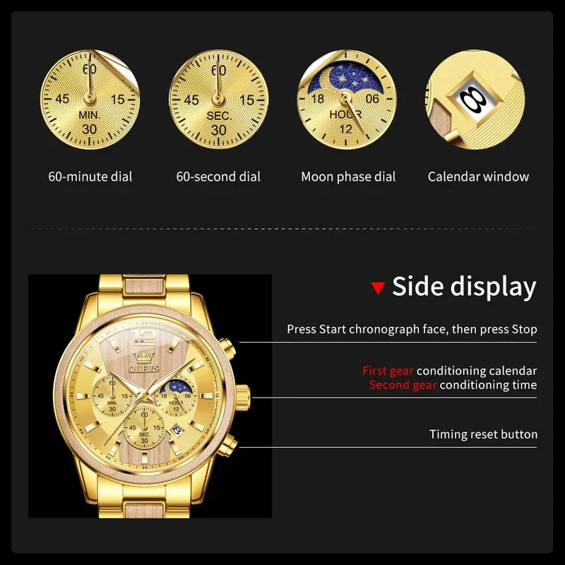 ChronoState OLEVS 3645 – Montre chronographe multifonction phases de lune | Montre de luxe pour homme à quartz et bois