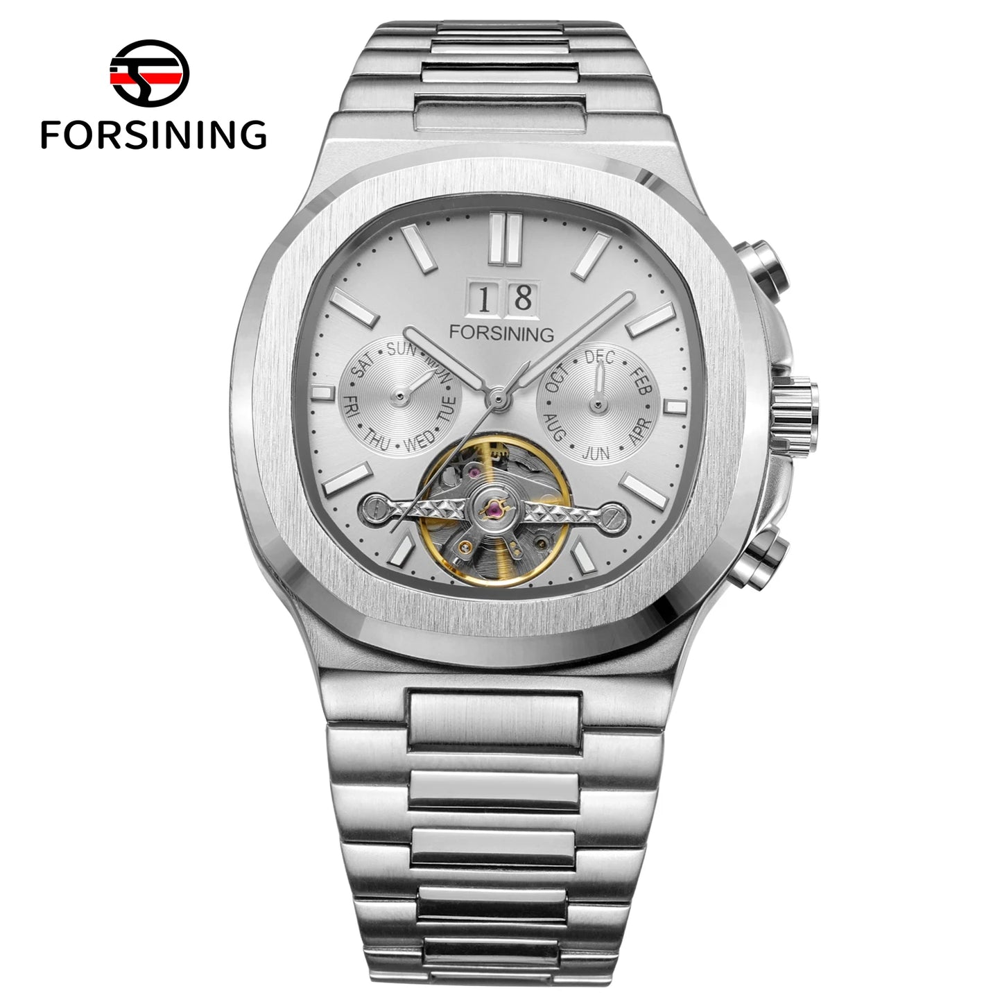 Forsining 481 Homme Nouvelle Montre Tourbillon de Marque, Date de la Semaine, Mouvement Automatique, Montres Mécaniques en Acier Inoxydable, Horloge Étanche