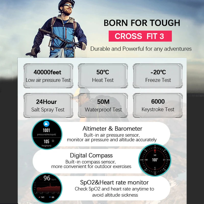 NORTH EDGE Cross Fit 3 Montres GPS Montre Sport Homme Écran AMOLED HD 1,43" ATM 50M Altimètre Baromètre Boussole Montre Intelligente pour Hommes