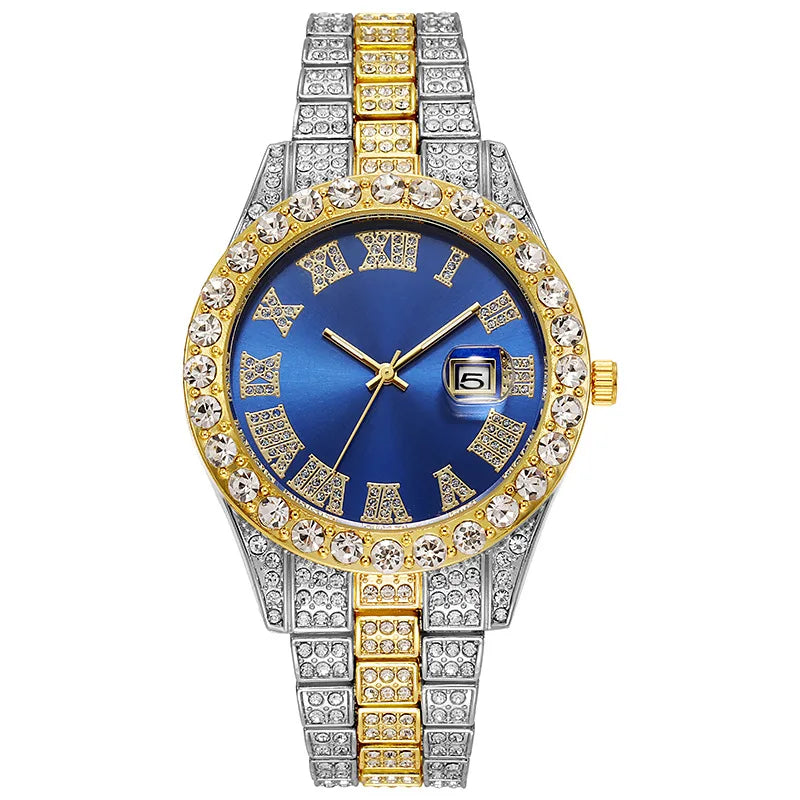 Montre de luxe hip-hop en acier inoxydable doré avec calendrier pour homme, sertie de strass, montre pour homme Reloj Hombre