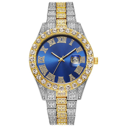Montre de luxe hip-hop en acier inoxydable doré avec calendrier pour homme, sertie de strass, montre pour homme Reloj Hombre