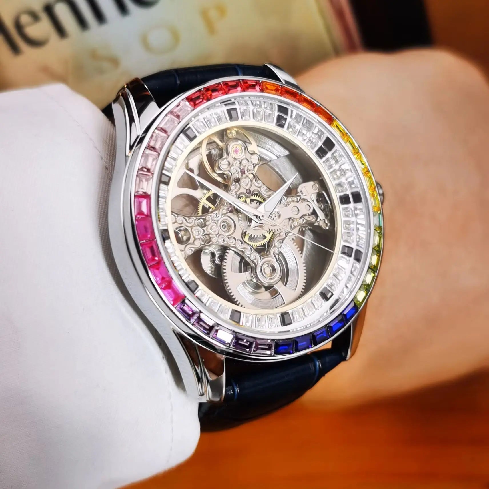 AOKULASIC Luxury Skeleton Automatic Watch for Men Fashion Black Leather Strap Luminous Hands Business Mechanical Mens Watches