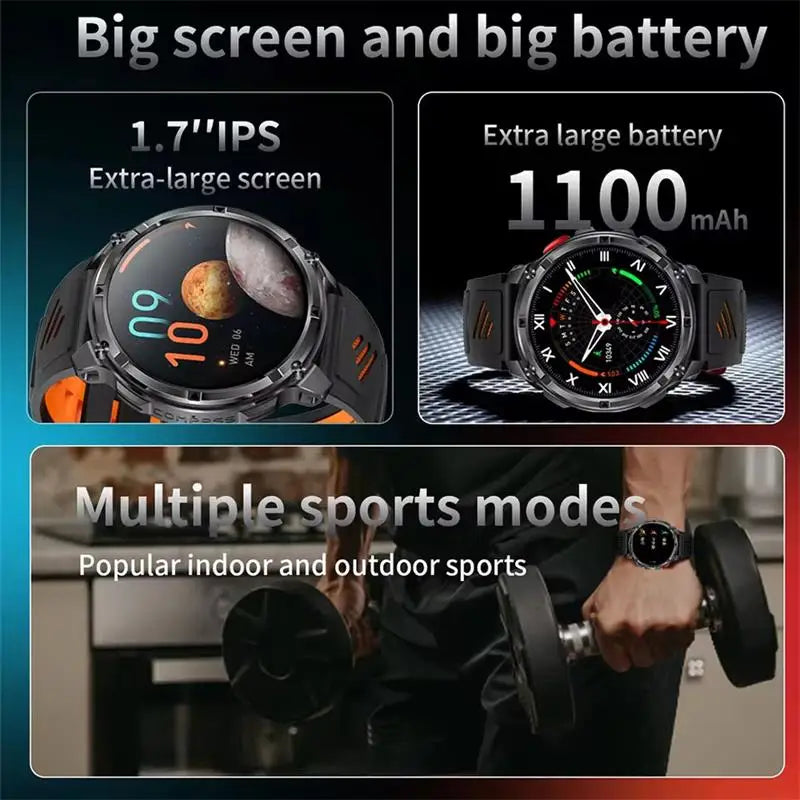 2026 Nouvelle montre connectée ultra-durable de 1100 mAh pour hommes, militaire, extérieure, GPS, boussole, étanche 10 ATM, appel Bluetooth HD, montre connectée de sport