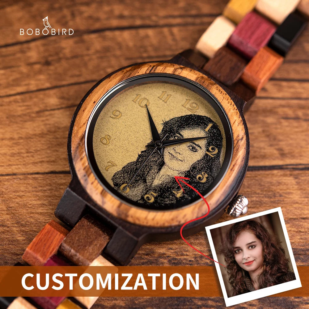BOBO BIRD Montre Personnalisée Homme Femme Photo Impression Montre-Bracelet en Bois Anniversaire Saint-Valentin Montres Couple Relogio Masculino