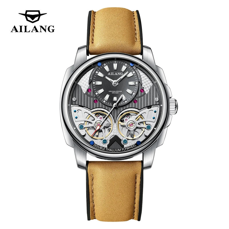 AILANG Double Tourbillon Series Luxury Mechanical Watch for Men Fashion Leather Strap Waterproof Automatic Skeleton Watches Mens