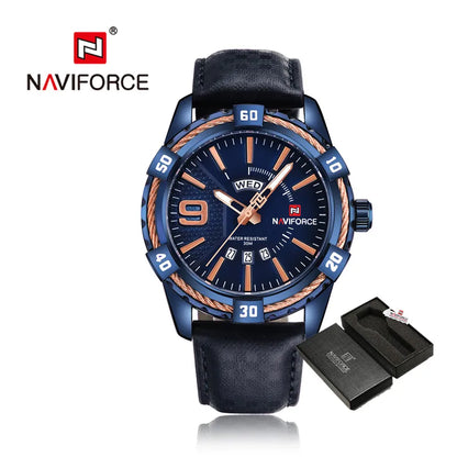 NAVIFORCE Montre Homme Tendance Or Luxe Sport Étanche Militaire Montre-bracelet Affaires Décontracté Bracelet en Cuir Date Horloge 9117