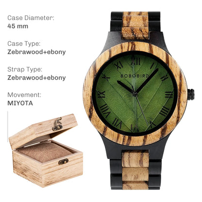 Montre en bois pour homme BOBO BIRD avec feuille véritable, montre en bois originale, montre en bois, montre fabriquée à la main, cadeau d'anniversaire pour homme