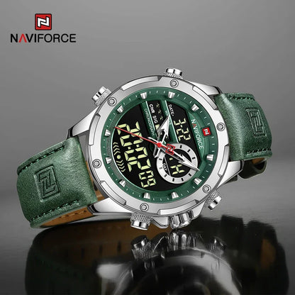 NAVIFORCE – Montres de mode pour homme, bracelet en cuir véritable, décontracté, militaire, étanche, chronographe numérique, mouvement à quartz, alarme