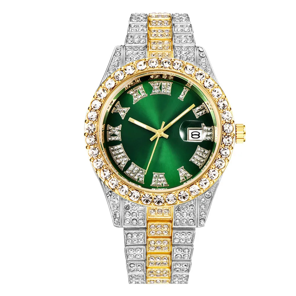 Montre Homme Plein Diamant Tendance, Bracelet Acier Inoxydable, Montres-Bracelets à Quartz pour Hommes, Montres à Calendrier de Date