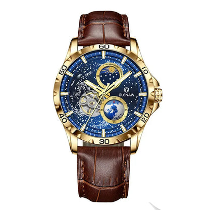 GLENAW mechanical watch with rotating earth dial and starry sky design