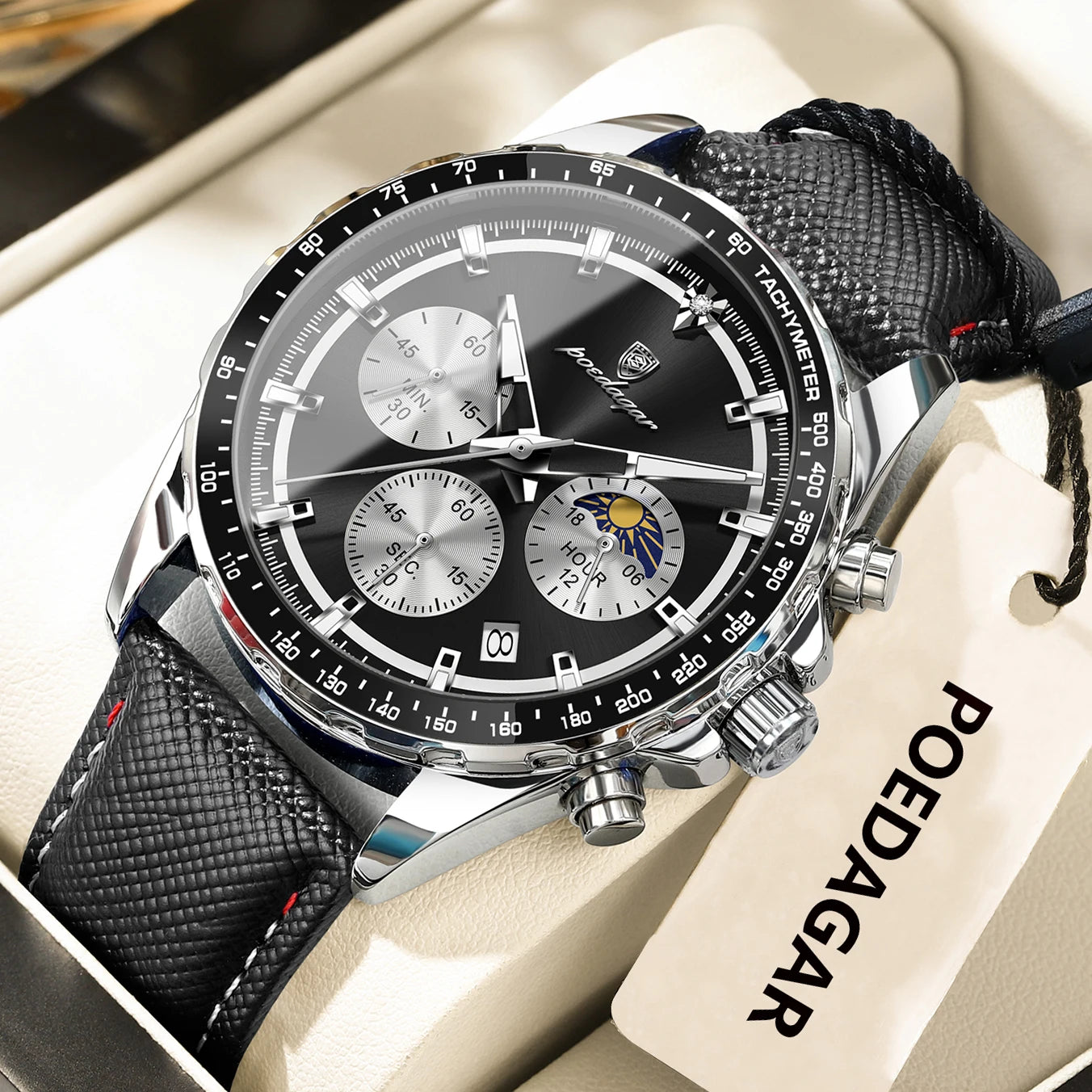 POEDAGAR Montre Homme Originale Tendance Lumineuse Étanche Chronographe Date Bracelet Cuir Quartz Sport Montres Hommes Reloj