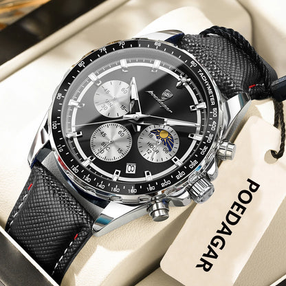 POEDAGAR Montre Homme Originale Tendance Lumineuse Étanche Chronographe Date Bracelet Cuir Quartz Sport Montres Hommes Reloj