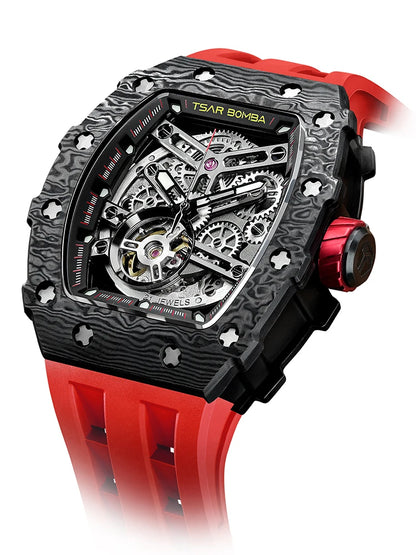 TSAR BOMBA Carbon Fiber Automatic Mechanical Watch for Men Waterproof Skeleton Mens Watches Top Brand Luxury Wristwatches