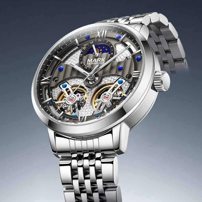 Mark Fairwhale 6023 Luxury Quartz Steel Strip Automatic Movement Watch Waterproof Double Tourbillon Moonphase Watches for Men