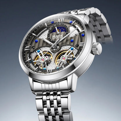 Mark Fairwhale 6023 Luxury Quartz Steel Strip Automatic Movement Watch Waterproof Double Tourbillon Moonphase Watches for Men