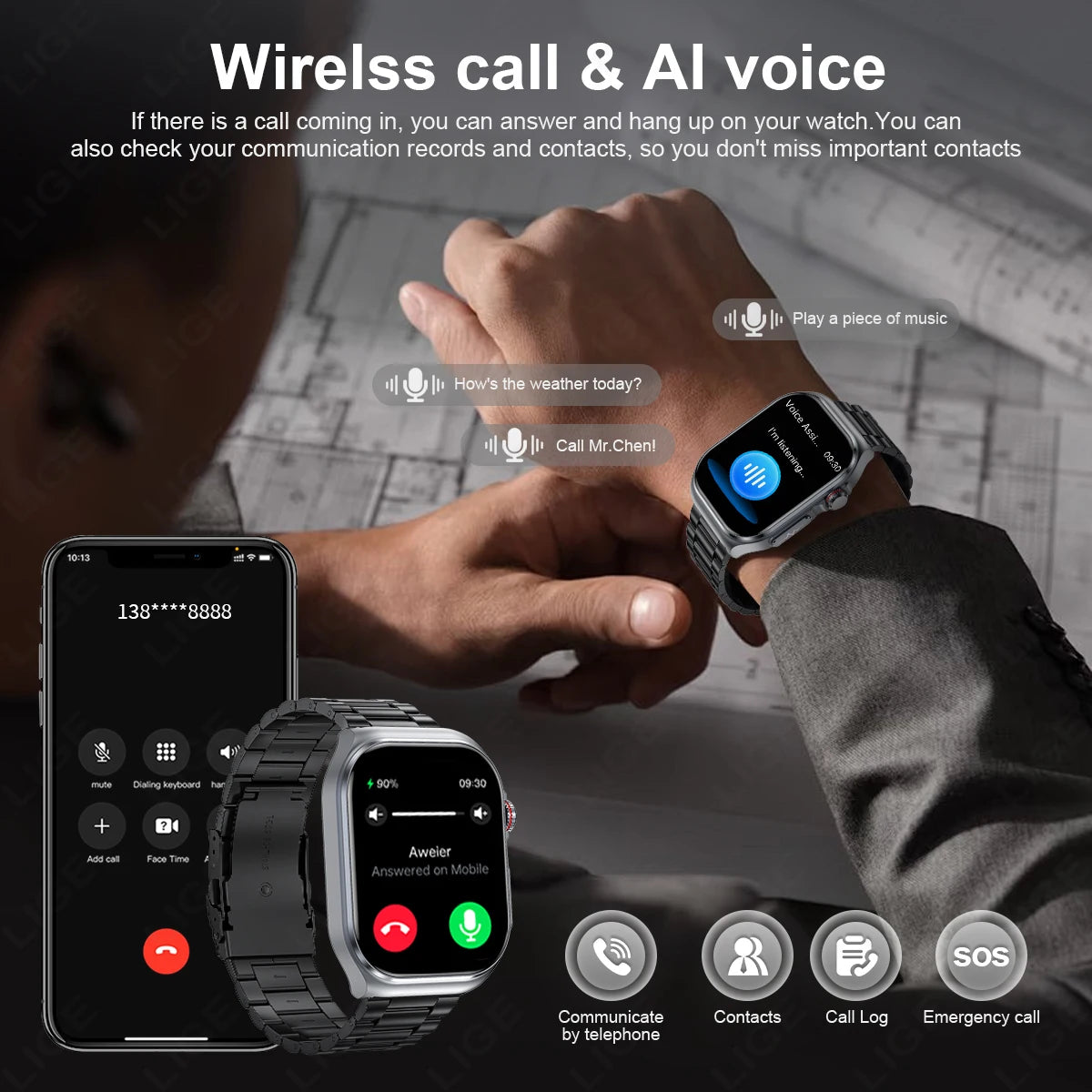 Montre intelligente LIGE AMOLED ET585 pour hommes avec ECG, surveillance de la composition sanguine, appels Bluetooth, suivi de la condition physique pour femmes, smartwatch.