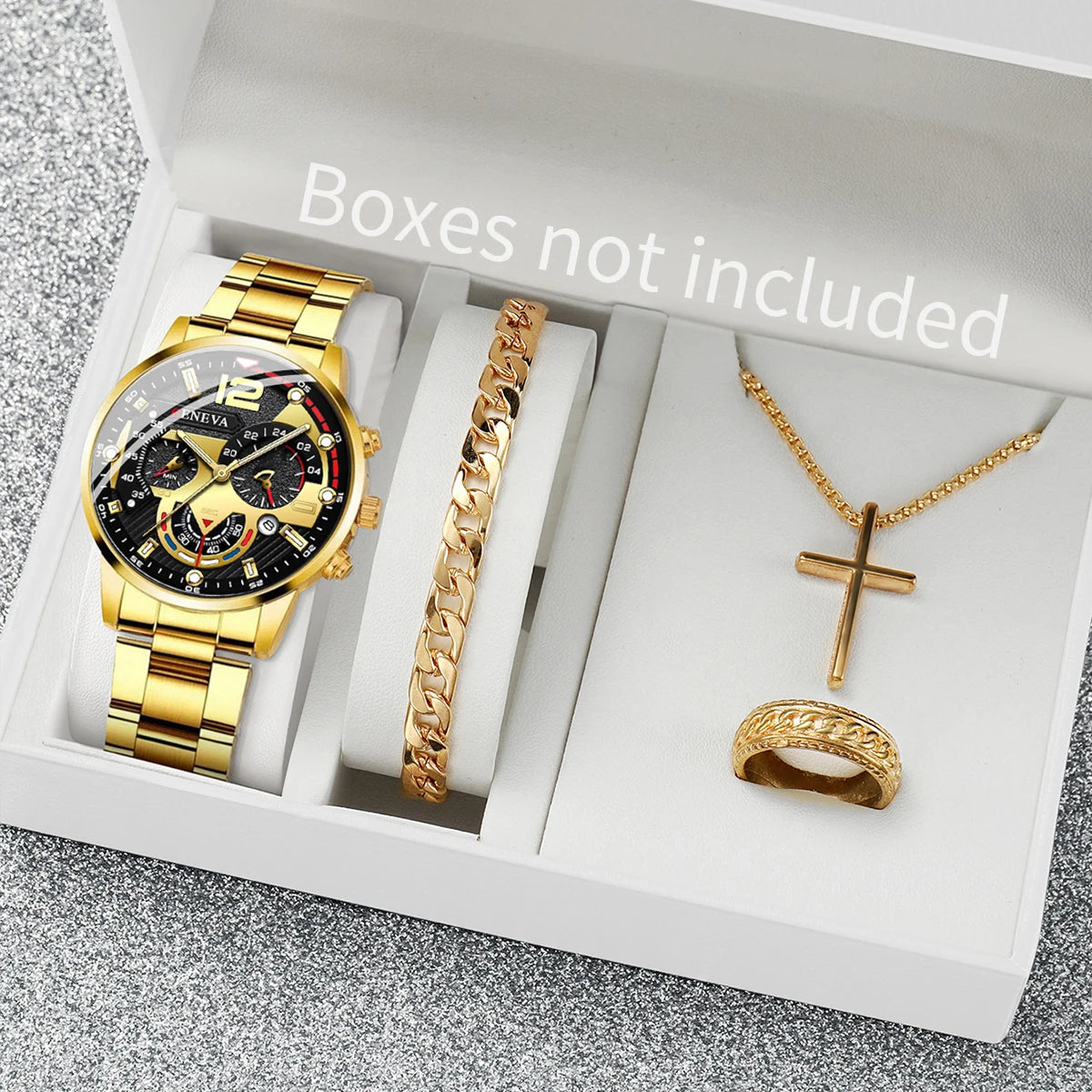 4pcs/set Men Business Watches Fashion Gold Steel Band Analog Male's Quartz Watch Jewelry Set（Without Box）