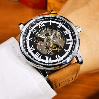 Montre bracelet Forsining Classique Squelette Remontage Manuel Aiguilles Lumineuses Montre Mécanique Homme Bracelet Cuir Marron Montre de Poignet Affaires