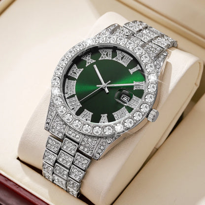 Montre Homme Plein Diamant Tendance, Bracelet Acier Inoxydable, Montres-Bracelets à Quartz pour Hommes, Montres à Calendrier de Date
