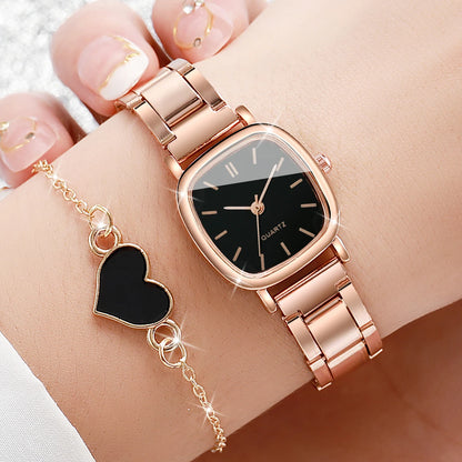 Lot de 2 montres carrées tendance pour femmes, bracelet en acier inoxydable, montre à quartz avec bracelet en forme de cœur