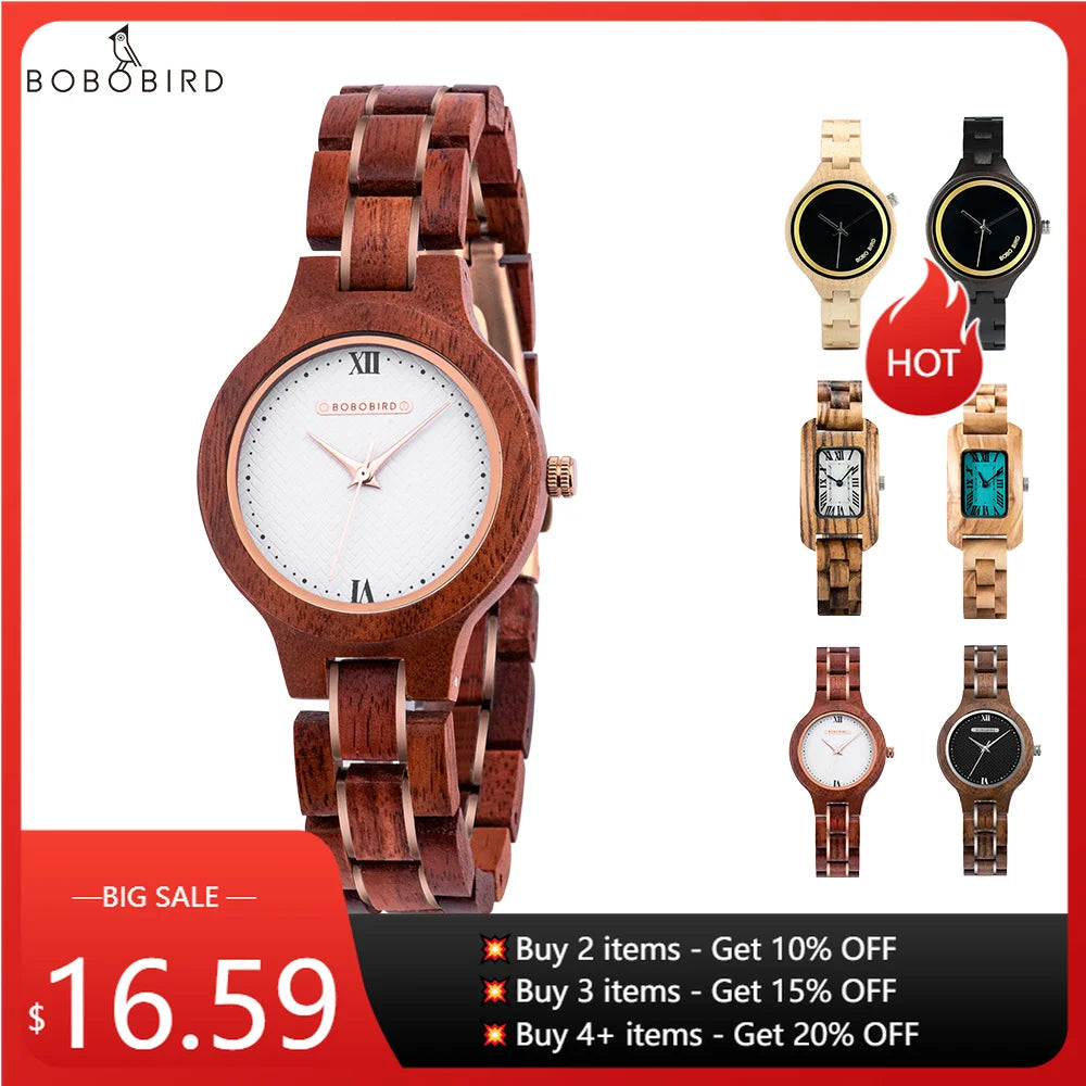 Montres en bois BOBO BIRD pour femmes Montre en bois gravée légère naturelle Montre-bracelet à quartz simple pour femme Cadeau personnalisé pour elle