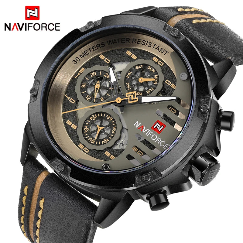 Montre Homme NAVIFORCE, Marque de Luxe, Étanche, Affichage 24 Heures, Date, Mouvement à Quartz, Bracelet en Cuir, Montre-Bracelet Sport pour Homme, Étanche