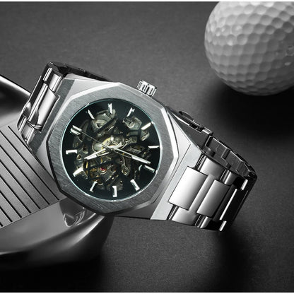 Forsining Montres mécaniques classiques Aiguilles lumineuses Squelette irrégulier Montre automatique d'affaires pour hommes Bracelet en acier inoxydable
