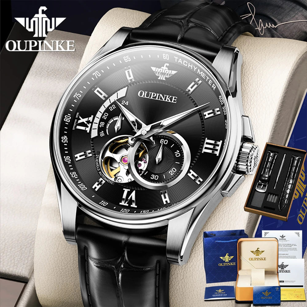 OUPINKE 3222  Original Automatic Men's Watch Genuine Leather Strap 5Bar Waterproof Japan Movement Gentleman Business Wristwatch