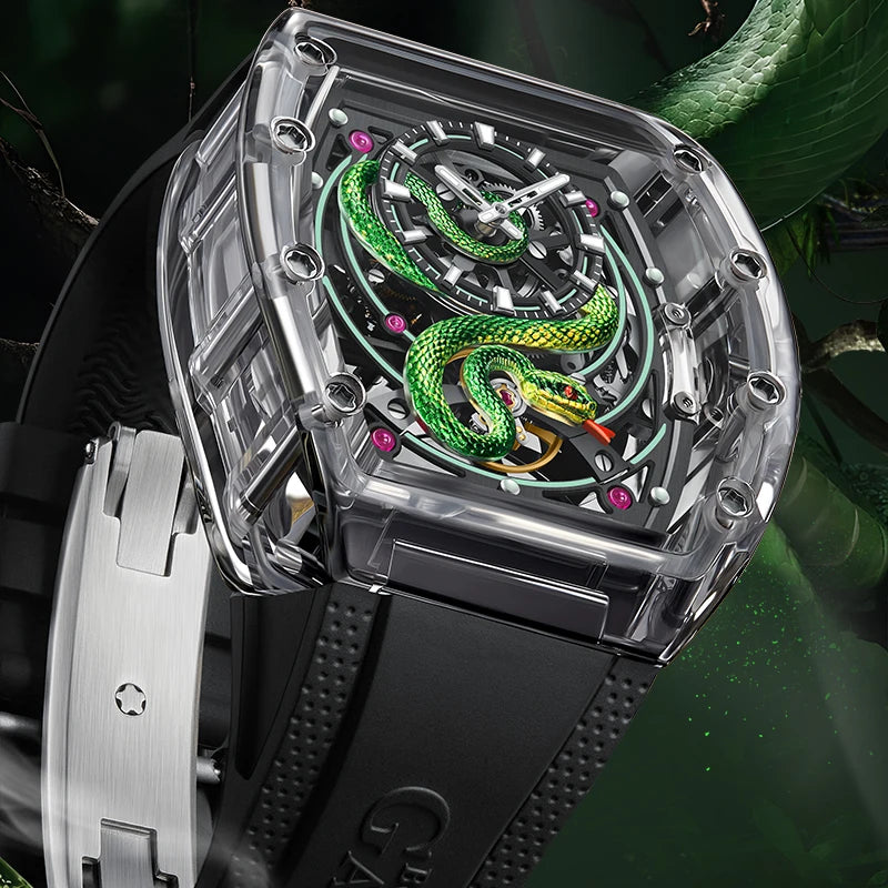BONEST GATTI 6004 Montre Homme Automatique Tonneau Montre-Bracelet Mécanique Boîtier Acrylique Saphir Lumineux Cadran Serpent Montres Pour Hommes