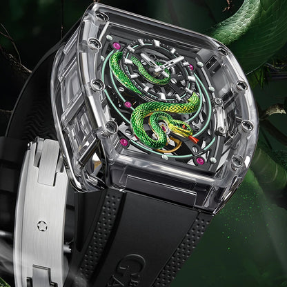 BONEST GATTI 6004 Montre Homme Automatique Tonneau Montre-Bracelet Mécanique Boîtier Acrylique Saphir Lumineux Cadran Serpent Montres Pour Hommes
