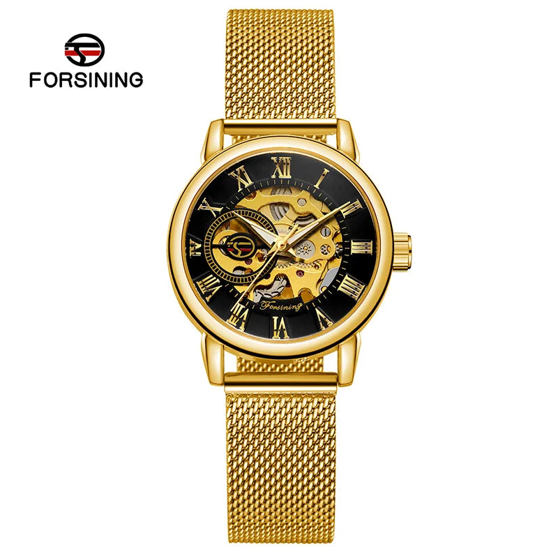 Forsining 099L Montre squelette élégante et tendance pour femmes, nouvelles montres-bracelets mécaniques de luxe en or rose pour dames