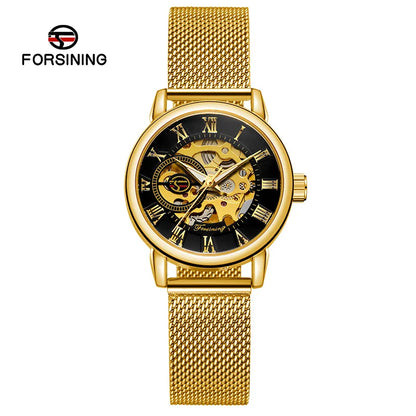 Forsining 099L Montre squelette élégante et tendance pour femmes, nouvelles montres-bracelets mécaniques de luxe en or rose pour dames