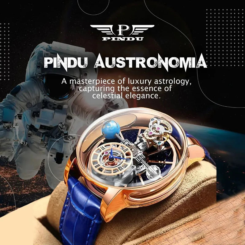 PINDU Design Montre à quartz pour homme collection Celestial, miroir incurvé, cadran ciel étoilé, surface cristalline, thème Terre, montre-bracelet
