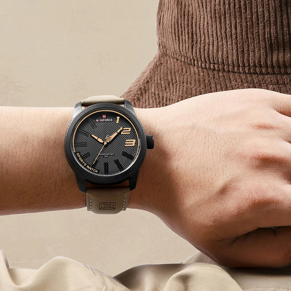 NAVIFORCE – Montre de sport homme de luxe de marque, montre-bracelet décontractée à quartz, étanche, en cuir analogique avec date