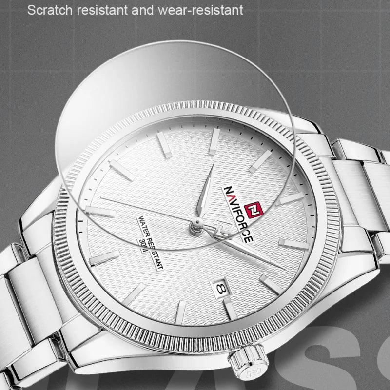 Montre tendance NAVIFORCE pour hommes, montre-bracelet à quartz de luxe pour affaires, bracelet en acier inoxydable, étanche, lumineuse, avec calendrier