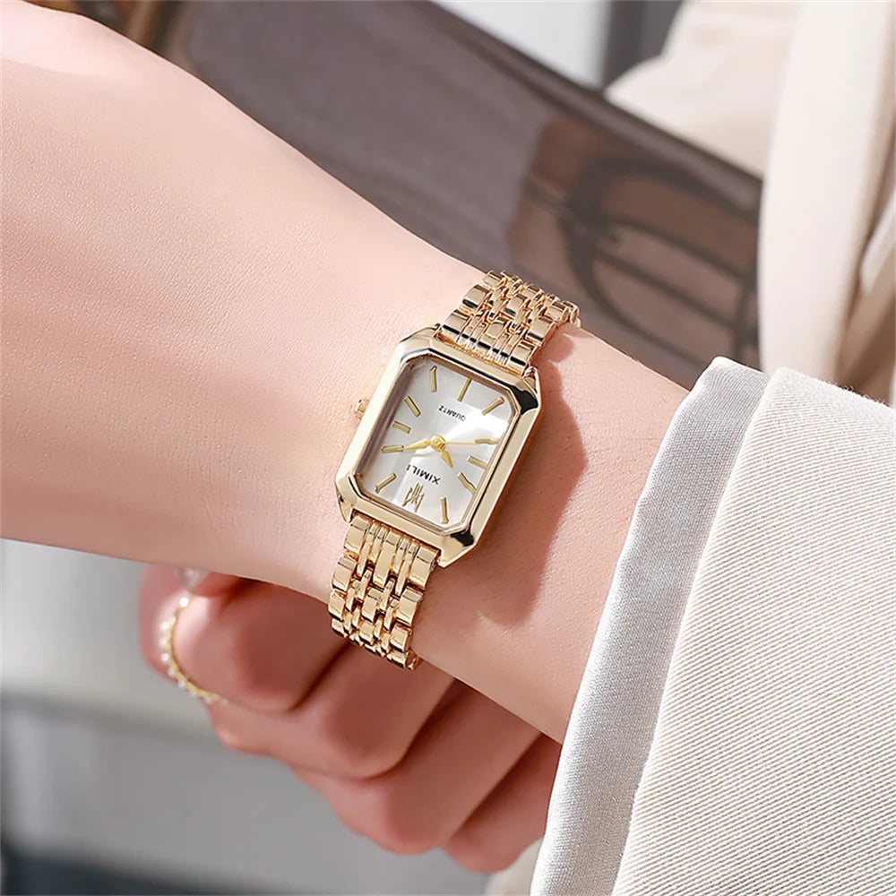 Montre à quartz de luxe pour femme, mode, cadran simple, carré, plaqué or de qualité, montre-bracelet d'affaires en acier inoxydable avec boucle déployante