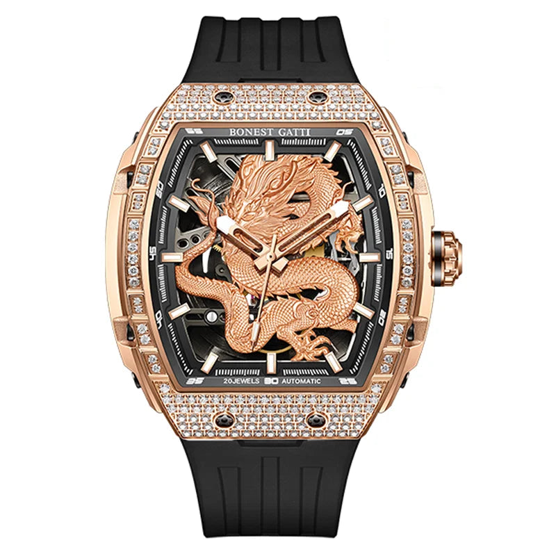 BONEST GATTI Montre automatique homme 43*50mm Tonneau Mécanique Saphir Lumineux Cadran Dragon Bracelet en fluorocarbone
