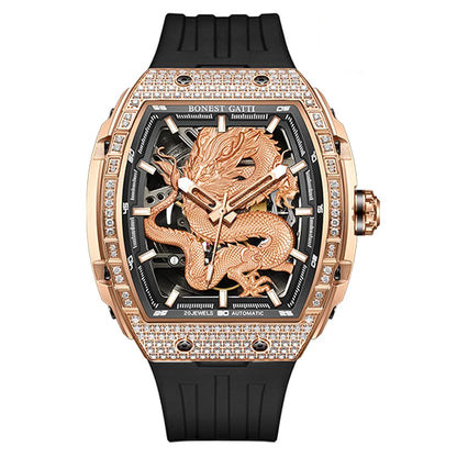 BONEST GATTI Montre automatique homme 43*50mm Tonneau Mécanique Saphir Lumineux Cadran Dragon Bracelet en fluorocarbone