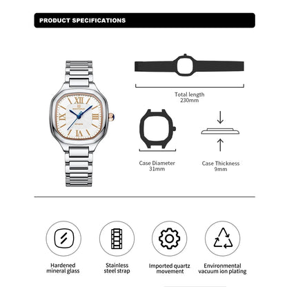 NAVIFORCE Montre de luxe pour femme, cadran carré, quartz, étanche, en acier inoxydable