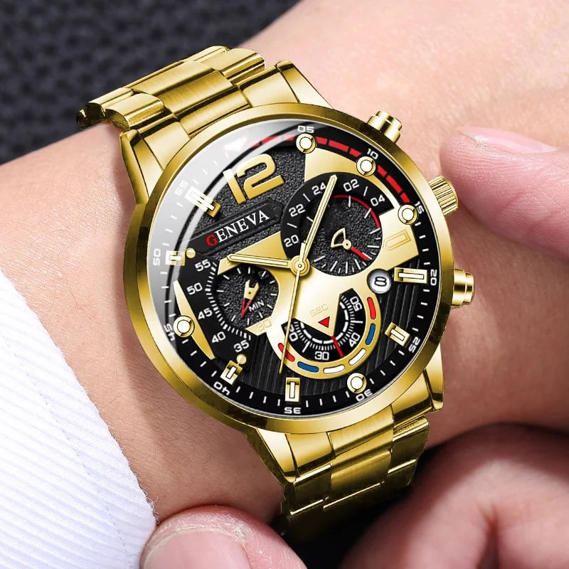 Ensemble de 4 montres de luxe pour homme - Cadran doré et bracelet en acier - Montre à quartz analogique pour homme - Bijoux (sans boîte)