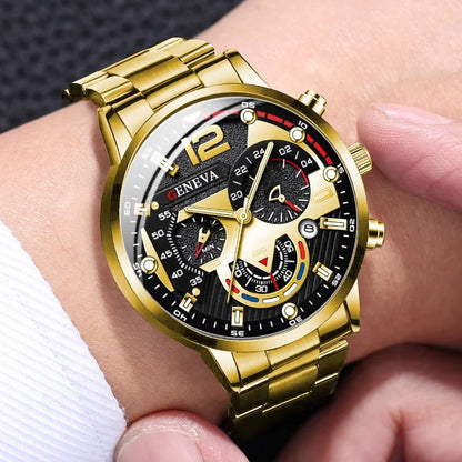 Ensemble de 4 montres de luxe pour homme - Cadran doré et bracelet en acier - Montre à quartz analogique pour homme - Bijoux (sans boîte)