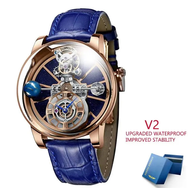 PINDU Design Montre à quartz pour homme collection Celestial, miroir incurvé, cadran ciel étoilé, surface cristalline, thème Terre, montre-bracelet