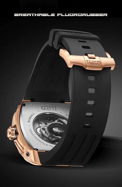 BONEST GATTI Montre automatique homme 43*50mm Tonneau Mécanique Saphir Lumineux Cadran Dragon Bracelet en fluorocarbone