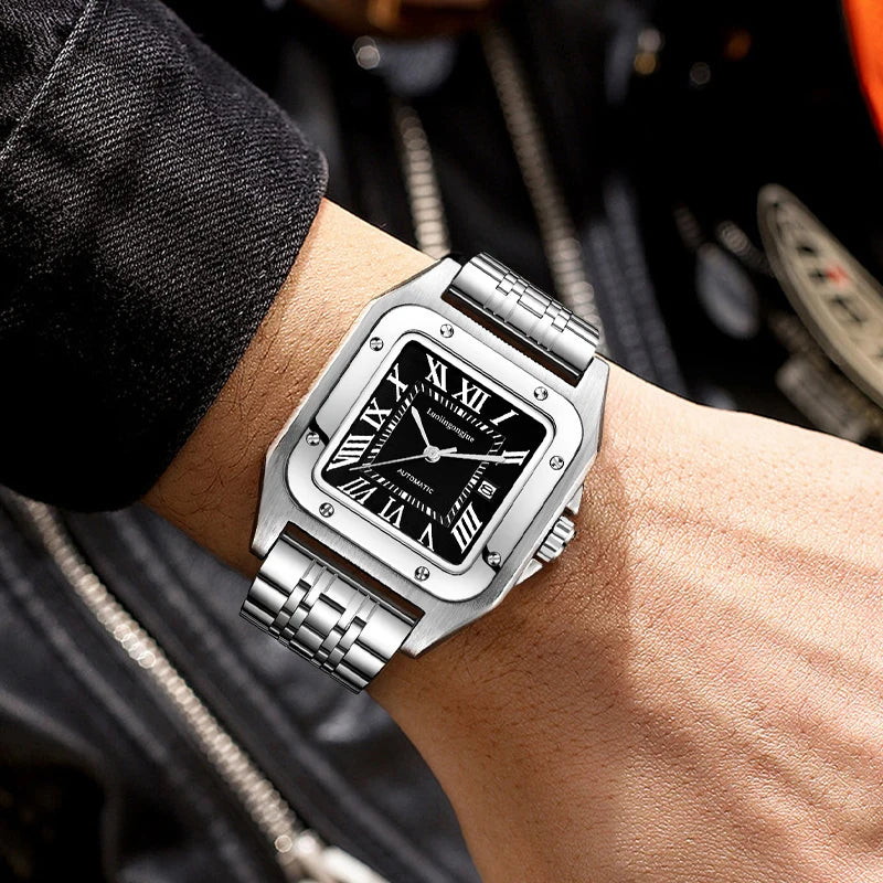 High-End Luxury Square Automatic Mechanical Watch for Men, with Hollow Butterfly Clasp, Fashionable Business Casual Versatile Stylish Men's Wristwatch, Suitable for Wearing in Various Occasions, the First Choice Gift for Your Boyfriend on Valentine's Day