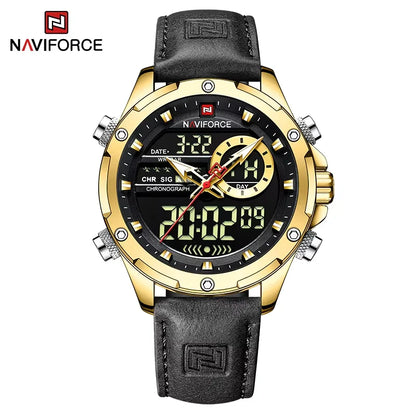 NAVIFORCE – Montres de mode pour homme, bracelet en cuir véritable, décontracté, militaire, étanche, chronographe numérique, mouvement à quartz, alarme